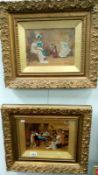 A pair of Edwardian over painted room scenes in gilt frames