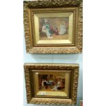 A pair of Edwardian over painted room scenes in gilt frames