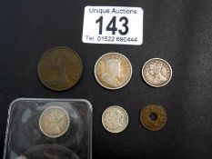 Hong Kong copper 1 mil 1866, 1 cnet 1877, silver 5 cents 1889, 2 x 10 cents 1866 & 1799,
