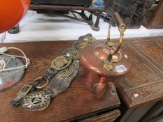 10 antique brass horse brasses and an antique copper kettle