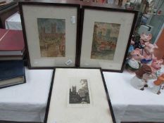 2 watercolours (unsigned) and a pen & ink drawing (signed) of Lincoln Cathedral