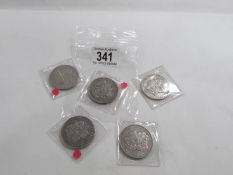 USAS 5 silver 'Morgan' dollars, 1883, 1885, 1899, 1904,