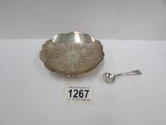 A silver pin dish and a silver salt spoon,