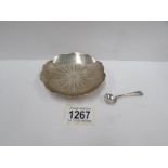 A silver pin dish and a silver salt spoon,