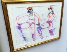 A signed and dated (1978) impressionist work in pencil and crayon of 2 standing semi-nudes by Peter