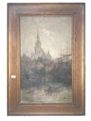 An oak framed oil on board of church & river scene, signed S.