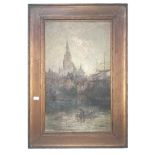 An oak framed oil on board of church & river scene, signed S.