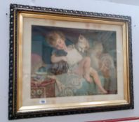 A framed and glazed print of a child with puppy and kitten