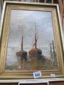 An oil on board of sailing ships at moorings initialled V.