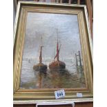 An oil on board of sailing ships at moorings initialled V.