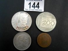 Hungary copper 1 Krajczar 1849, silver 5 forints 1947, 2 x 200 florints 1977,