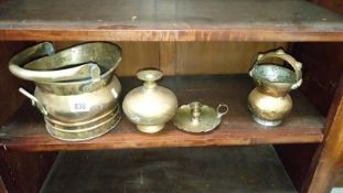 A brass coal scuttle and 3 other brass items