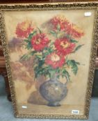 A watercolour still life of flowers in a blue and white jug signed P J Peasce?,