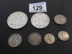 France - 2 x 50 centimes 1908 & 1915, 4 x 1 francs 1905 -1917, 10 francs 1970,