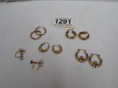 5 pairs of 9ct gold earrings,