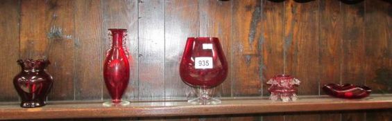 4 items of ruby glass and a Victorian cranberry glass salt