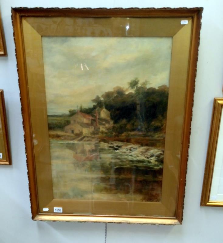 An oil on canvas of watermill by river signed J. G.