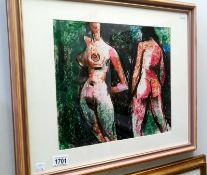 A studio stamped impressionist work in wax crayon of 2 standing nudes by Peter Collins A.R.C.A.