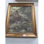 A gilt framed oil on canvas painting of a water mill signed Roy Collett