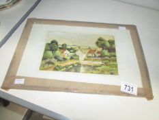 A watercolour of farm buildings in rural landscape signed R E Cooper