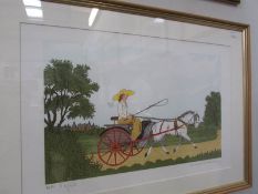A signed French artist proof limited edition lithograph 54/60 of a lady on horse and trap by