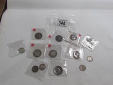 USA 7 silver quarter dollars 1876 - 1952 and 7 dimes 1916 - 1970