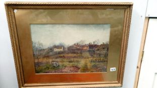 A framed and glazed watercolour of rural scene with child pickers signed J Clare?