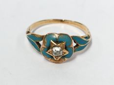 An old cut diamond and blue enamel ring circa 1890/1900 in gold setting