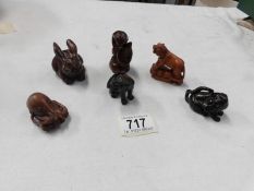 6 carved wood netsuke