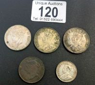 East Africa 1 pice 1899 - silver 50 cent 1914H - 3 x silver shillings 1923/24 and 1941