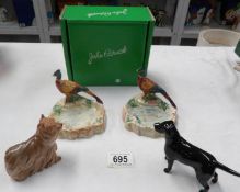 2 Beswick dogs and 2 Beswick pheasant trays