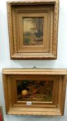 An oil on board still life signed but indistinct and an oil on board woodland walk signed Alfred