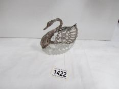 A glass and possibly continental silver swan dish