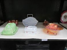 3 carnival glass dishes, a sardine dish,