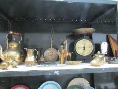 A mixed lot of brass ware including Salter scales,