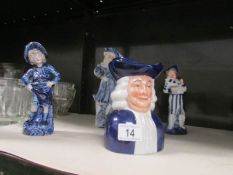3 blue and white figures and a Toby jug