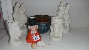 2 pairs of Parian figures (1 a/f), A Doulton Lambeth tobacco jar (a/f),