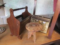 A wood and brass magazine rack together with a folding miniature table