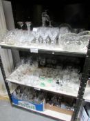 3 shelves of assorted glass ware including crystal,