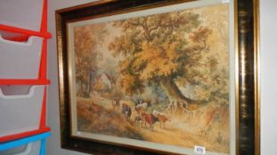 A framed and glazed painting of cattle signed P Worley