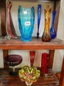 2 shelves of art glass etc