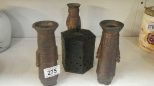 3 old metal vases and a pot