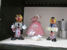 2 Murano glass clowns and a lady a/f