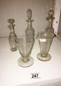 2 Victorian glass measures & 3 glass oil bottles