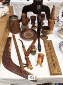 A quantity of wooden items including treen, Wills woodbines & cribbage board etc.