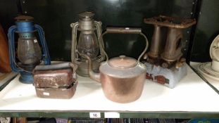 A mixed lot including kern level, copper kettle,