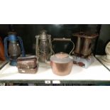 A mixed lot including kern level, copper kettle,