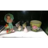 A collection of figurines including Victorian & a jardinier