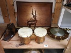 A quantity of wooden items including bongo drums