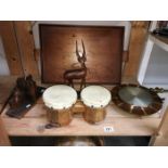 A quantity of wooden items including bongo drums